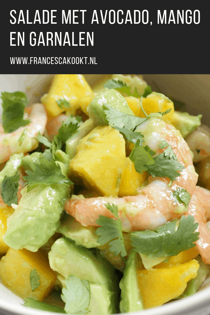 Zomers recept salade met avocado, mango en garnalen. Makkelijk en snel te maken op warme dagen als lunch of hoofdgerecht.