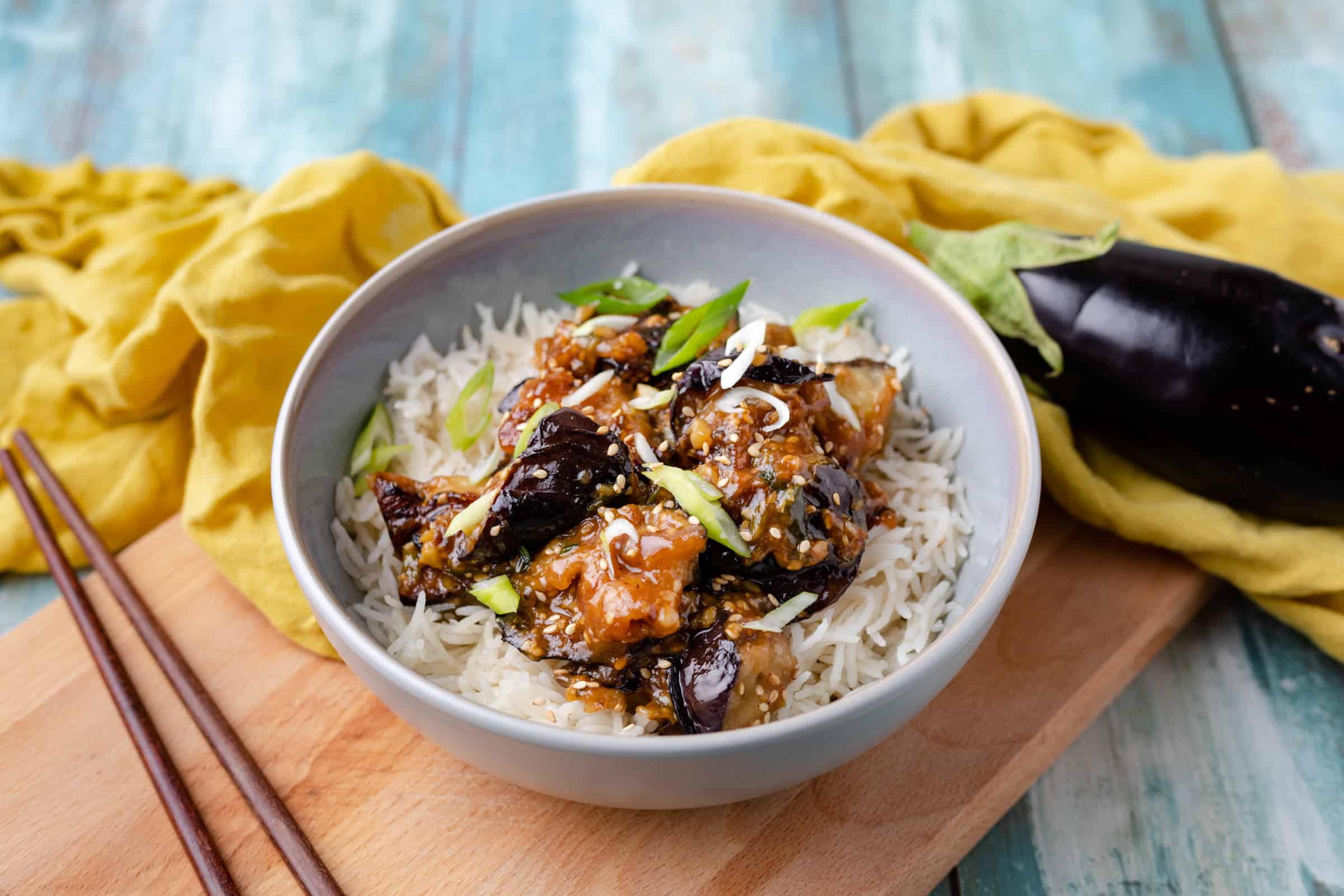 Gebakken miso aubergine met rijst