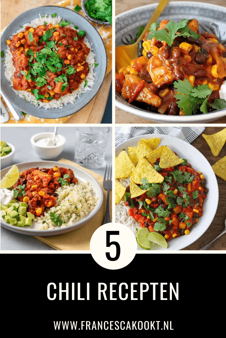 Deze vijf chili recepten zijn leuk om te maken voor het avondeten. Je kan veel kanten op met deze chili recepten. Van de basis chili con carne tot een chili met kalkoen. Maar ook een vegetarische chili, veganistische en hele snelle variant met pompoen. Voor elke dag van de week! Lees alle chilie recepten op mijn website Francesca Kookt. | recepten voor het avondeten | hoofdgerecht recepten | Mexicaanse recepten | vegetarische recepten | gezonde recepten | makkelijke recepten