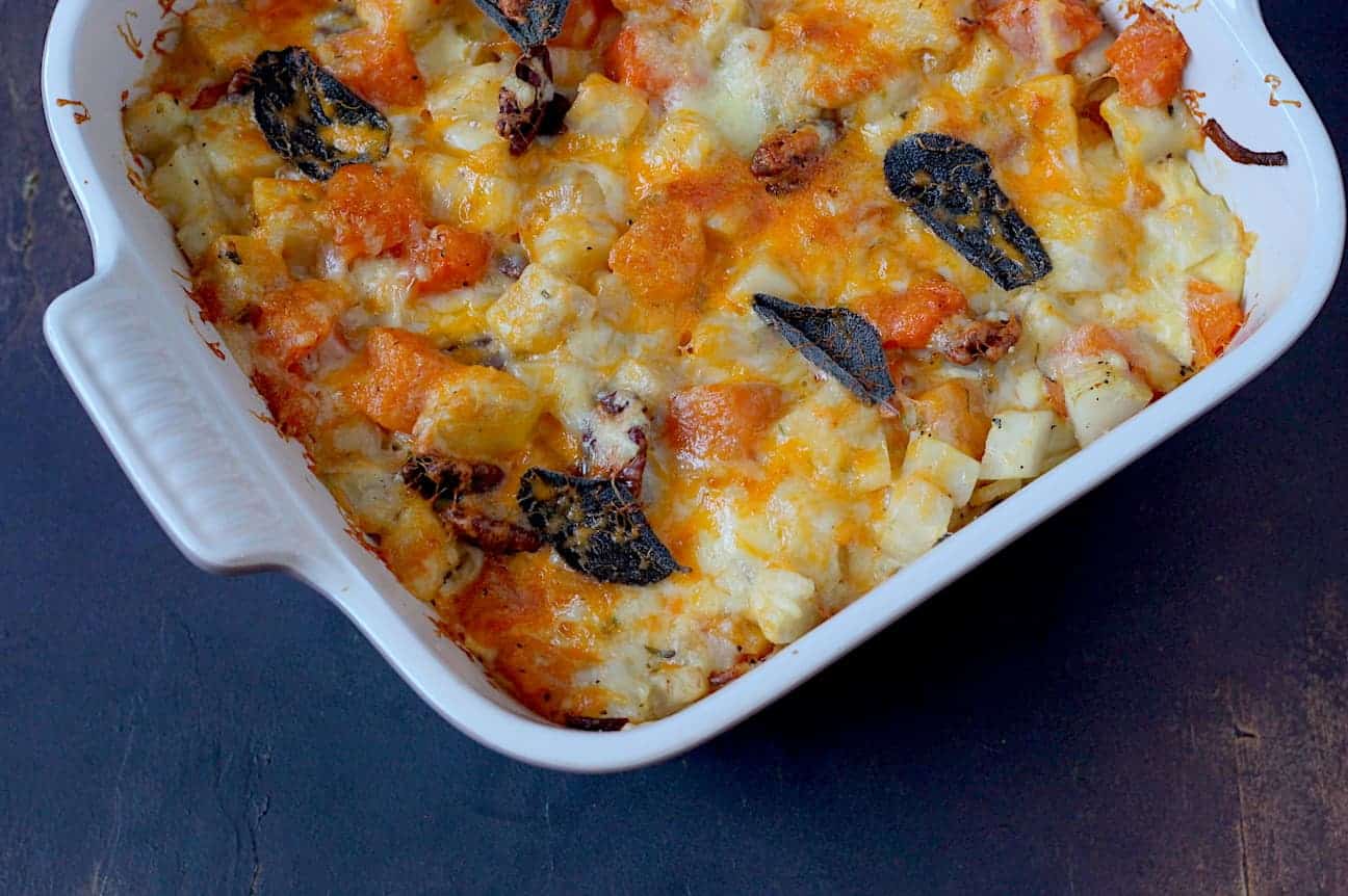Ovenschotel met knolselderij, pompoen en salie